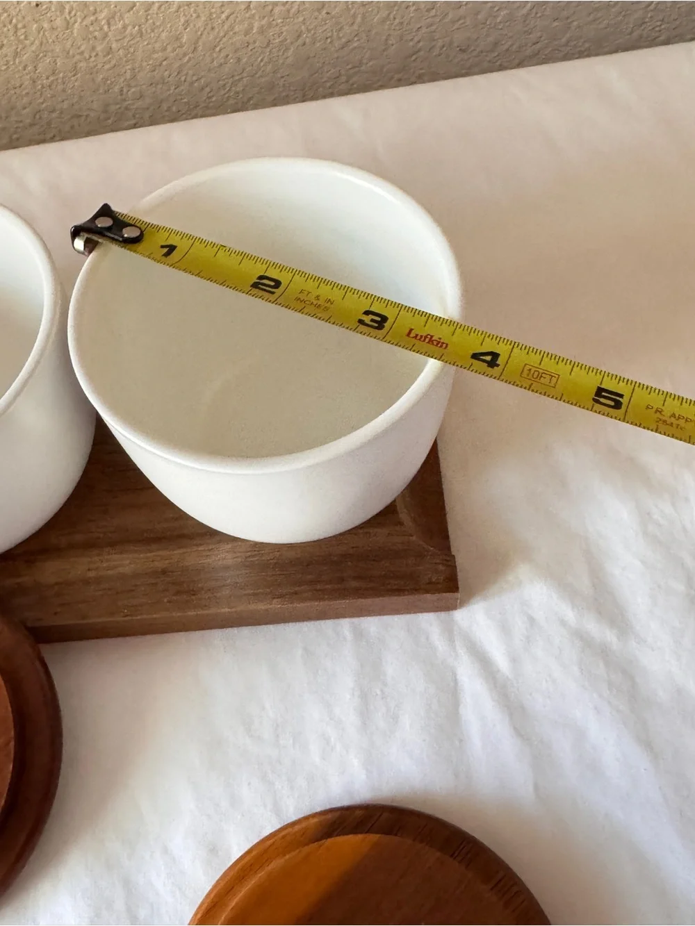 White Ceramic Condiment Trio with Wooden Lids and Tray